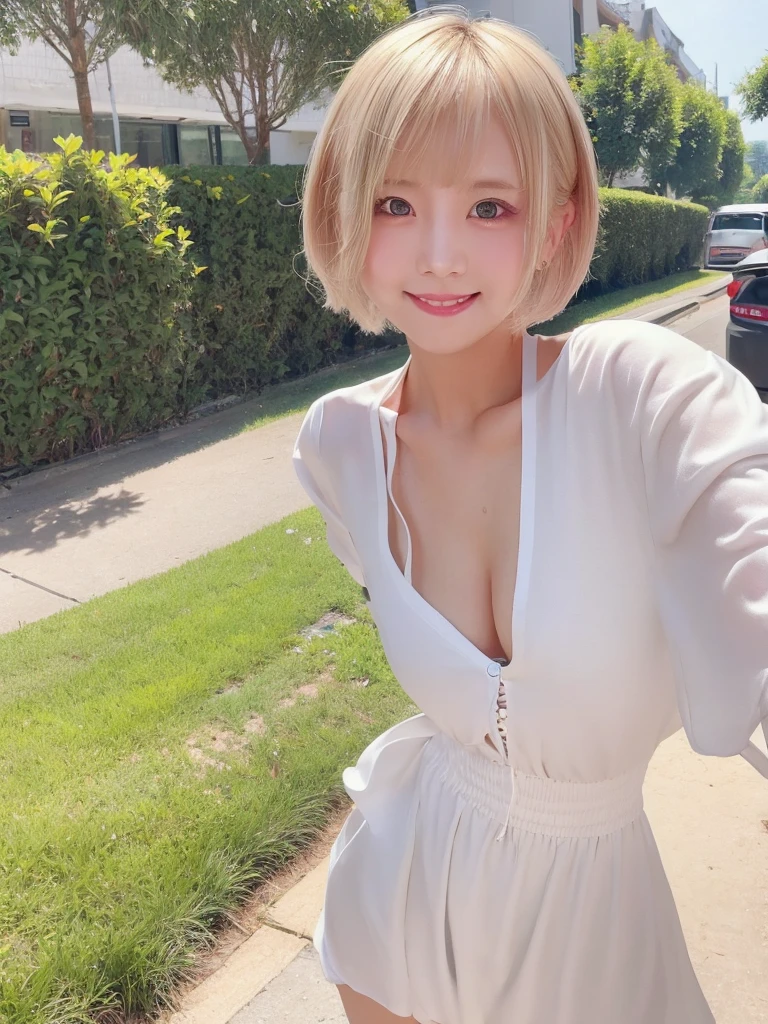 A girl with white skin and short hair。Blonde hair, big dark eyes, wearing summer clothes,Pulling back,Her appearance is impressive, smile,Attracts curious and inquisitive gazes.Selfie, high quality, 4K.