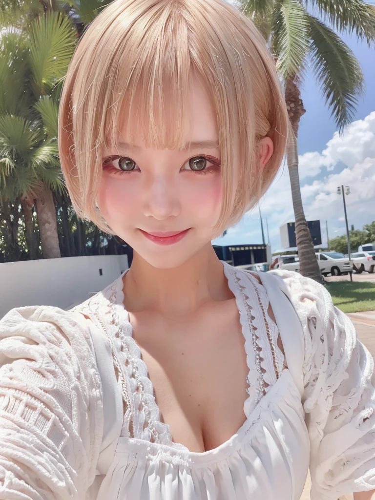 A girl with white skin and short hair。Blonde hair, big dark eyes, wearing summer clothes,Pulling back,Her appearance is impressive, smile,Attracts curious and inquisitive gazes.Selfie, high quality, 4K.