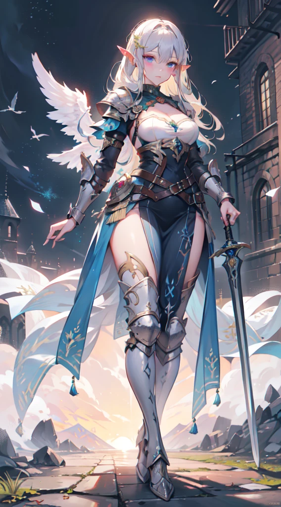 ((4k,masterpiece,best quality)), (zentangle, mandala, tangle, entangle), (fractal art:1.3), maxiskit, dress conservatively, (elf1:2), 1girl, solo, full body, wide shoot, standing with white boots, holding sword down, Blunt bangs, (hair between eye), white hair, long hair, ((Valkyrie white armor, angel, Chest protector)), side bang, from front, extra size body, ((night, mountain)), look at viewer, dynamic pose, art style by Artgerm, by Kawacy, by Wadim kashin, BREAK, eyelashes, eyeshadow, pink eyeshadow