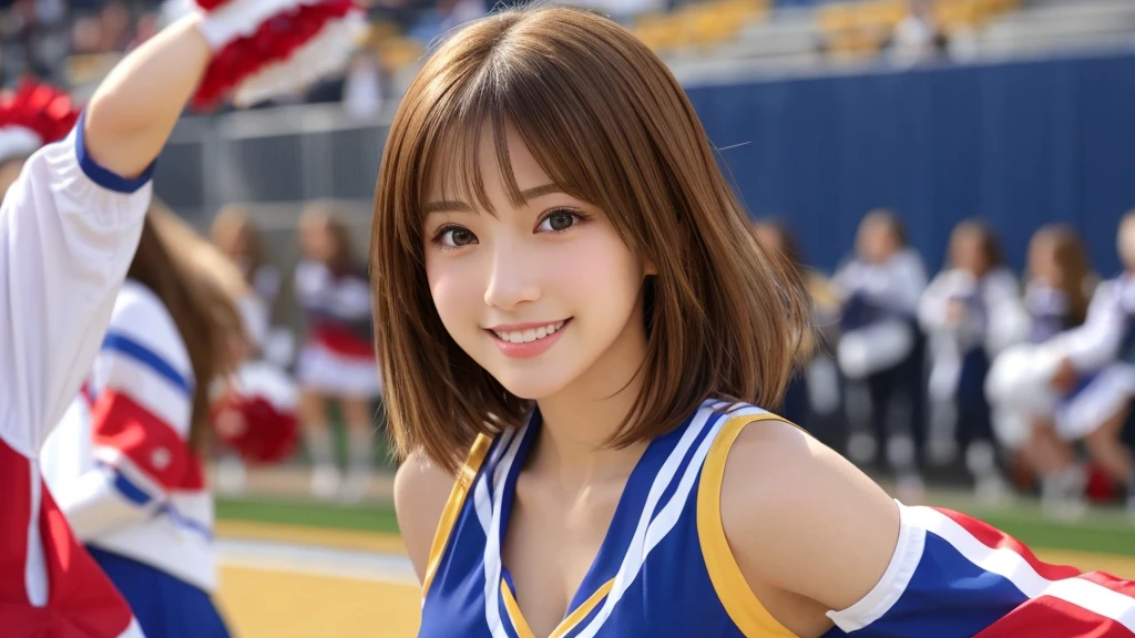 Realistic、Masseter region、Highest quality、High resolution、RAW Photos、Realistic、Bright lighting、Face Light、Smooth Professional Lighting、Japanese women、Beautiful woman、Modeled、gravure、sexy、so beautiful、Realisticで美しい肌、Beautiful and detailed、Detailed face、slim、Large Breasts、Cleavage、short hair、Brunette Hair、Brown eyes、Looking into the camera、Cheerleader、Cheerleader、Cheerleader、smile