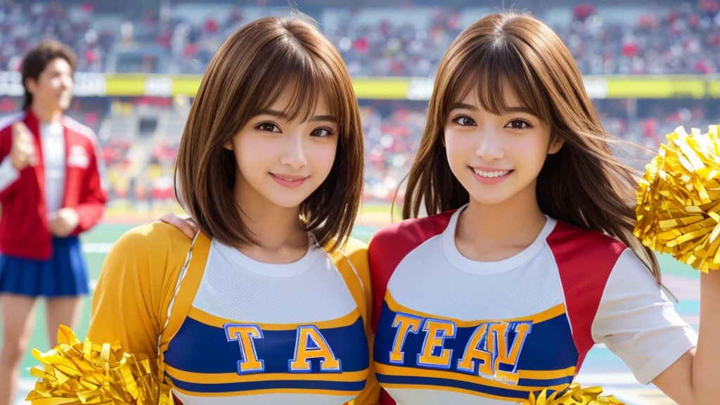 Realistic、Masseter region、Highest quality、High resolution、RAW Photos、Realistic、Bright lighting、Face Light、Smooth Professional Lighting、Japanese women、Beautiful woman、Modeled、gravure、sexy、so beautiful、Realisticで美しい肌、Beautiful and detailed、Detailed face、slim、Large Breasts、Cleavage、short hair、Brunette Hair、Brown eyes、Looking into the camera、Cheerleader、Cheerleader、Cheerleader、smile