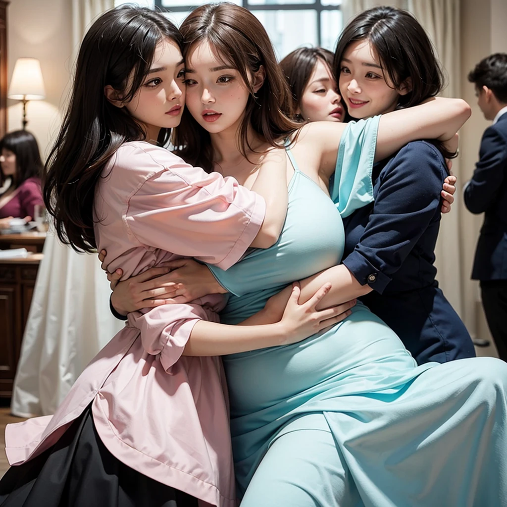 a coupe plus size woman hugs, front view, (2 woman)
