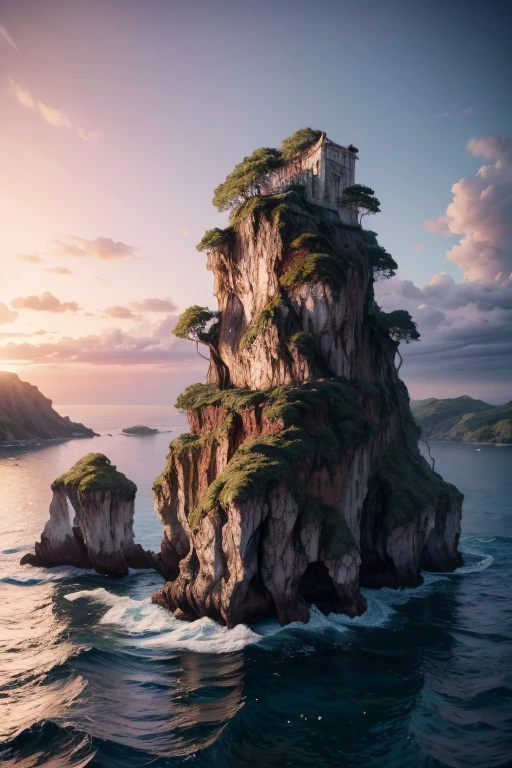 Side view of an island inside an island island. in the ocean, island in a lake, digital art, intricate details, 8k, photorealistic, hyperrealistic, cinematic lighting, dramatic lighting, high quality, intricate details, masterpiece, digital art