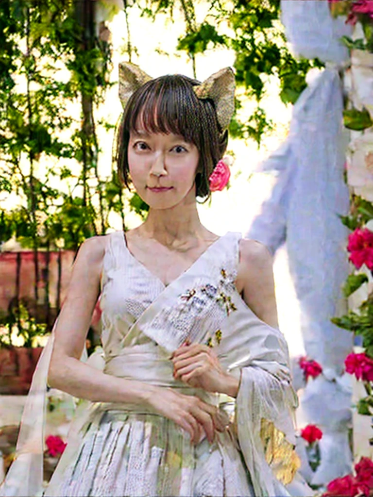 1girl, solo, black hair, hair ornament, dress, bare shoulders, flower, hair flower, white dress, veil, wedding dress