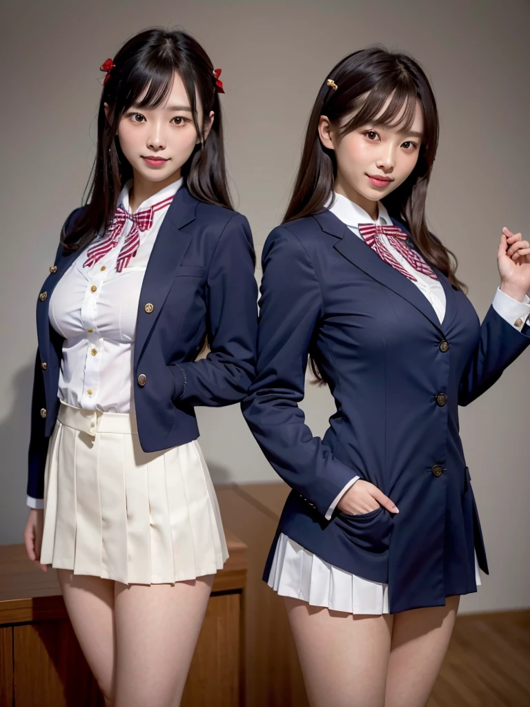 Highest quality、masterpiece、8k、Very detailed、Realistic、(Two Girls)、(Looking at me with a smile:1.5)、whole body、Black Hair、Small face、(Slender:1.2)、(Big Breasts:1.2)、(White business shirt with buttons and a collar:1.2)、(Navy blue short pleated skirt:1.2)、(Navy blue business jacket:1.2)、(Red color bow tie:1.2)、(Everyone dressed the same:1.3)、(She spreads her panties with both hands and presents them to the viewers.:1.2)