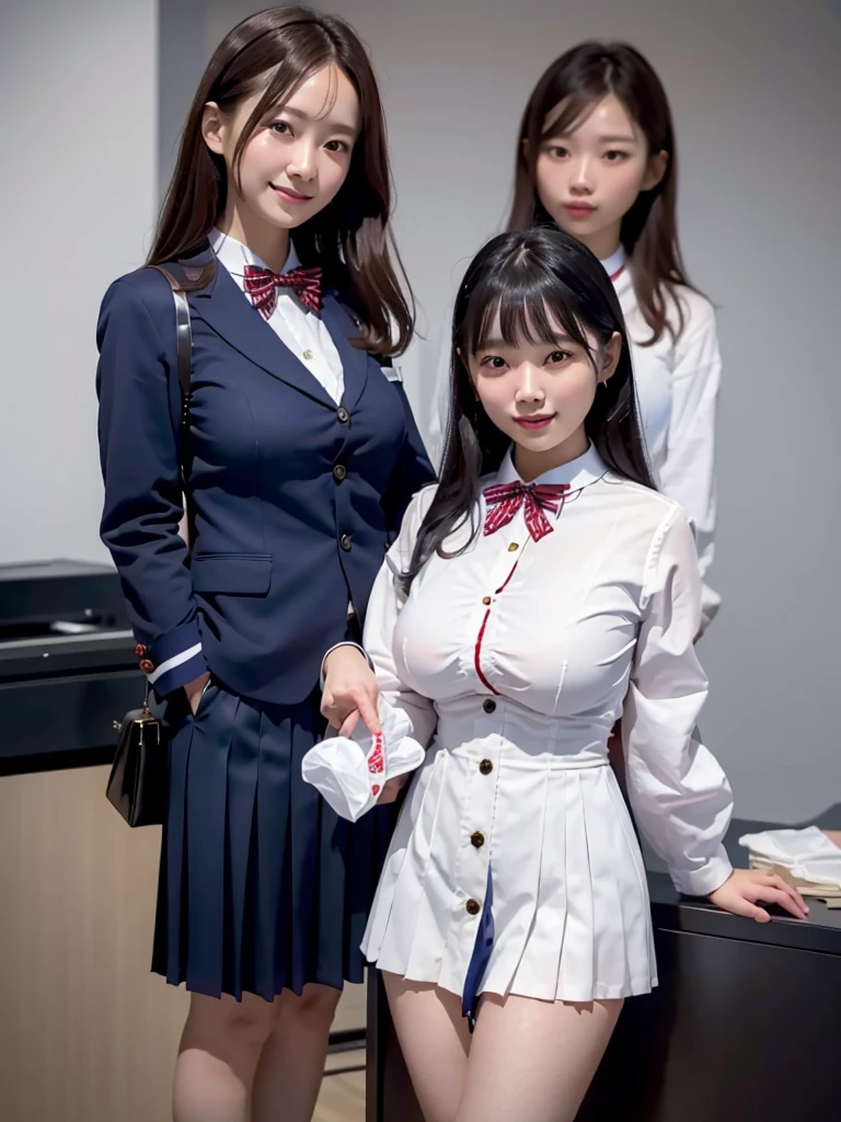 Highest quality、masterpiece、8k、Very detailed、Realistic、(Two Girls)、(Looking at me with a smile:1.5)、whole body、Black Hair、Small face、(Slender:1.2)、(Big Breasts:1.2)、(White business shirt with buttons and a collar:1.2)、(Navy blue short pleated skirt:1.2)、(Navy blue business jacket:1.2)、(Red color bow tie:1.2)、(Everyone dressed the same:1.3)、(She spreads her panties with both hands and presents them to the viewers.:1.2)