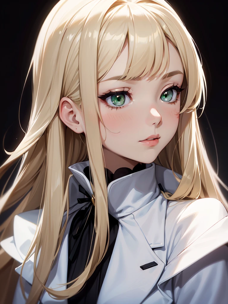 (((Portrait Photo))), She has a Gentle, Refined Appearance of a 15-Year-Old, with a Delicate and Graceful Build that Radiates Elegance. Her Long, Straight Blonde Hair Flows Smoothly Past Her Shoulders, Framing Her Face with a Soft and Luminous Glow. Her Large, Expressive Green Eyes are Filled with a Quiet Intelligence and a Hint of Curiosity, Giving Her a Thoughtful and Introspective Aura. She is Dressed in a Stylish White Winter Coat, Paired with a Sophisticated Black Blouse, Creating a Contrast that Emphasizes Her Composed and Poised Demeanor. Her Expression is Calm and Serene, with a Slight Blush on Her Cheeks, Conveying a Sense of Quiet Confidence and Subtle Charm. (((High Quality, Dark Background))), (((Portrait Photo)))