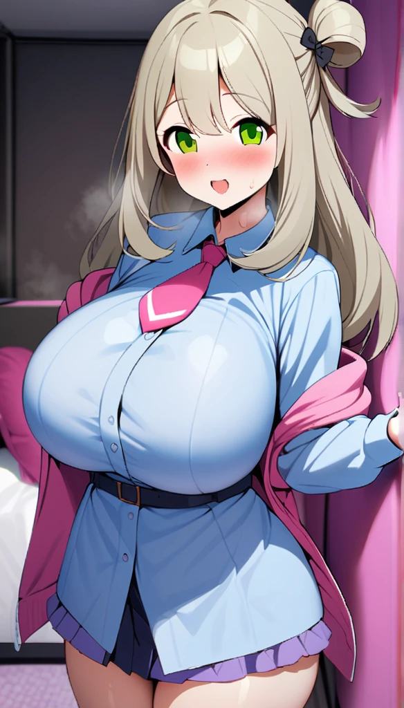 nonomi(blue archive),1girl,solo,Females in heat,blush,super huge breasts,used condom,looking at viewer,standing up,pink sex hotel,in room