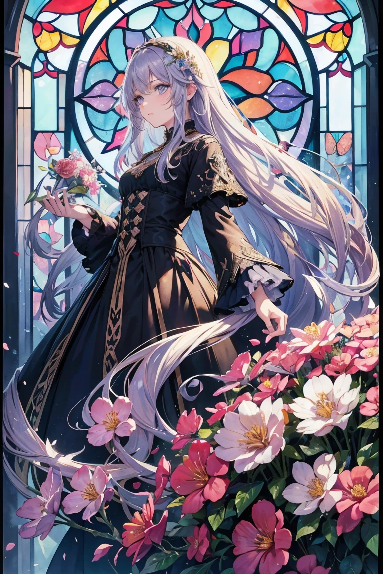 Tidal Games,posh,Hair color,ventania,Fly petals,stained glass,Decorative style,Complicated details,dufkova,2d,line art,aquarelle,Ink and watercolor,Random color hair,Extra-long hair,wavy,Alraun,Flowers,Alraun,