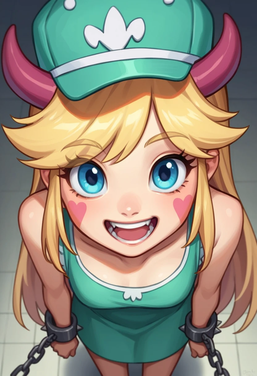 StarButterfly, 1 girl, by rubio, hats with horns, Alone, shackles, wide, teeth, Blue eyes, green dress, facial mark, SMILE, Open mouth, very wide, spiked bracelet, tenure wand, tenure, whole body, eyes visible through hair, score_9, score_8_above, score_7_above, score_6_above, score_5_above, score_4_above, looking at the viewer, hand on one&#39;s hip, cowboy shot, spread_pussy, anus, Ahegao, from behind, masturbating, bottomless prolapse