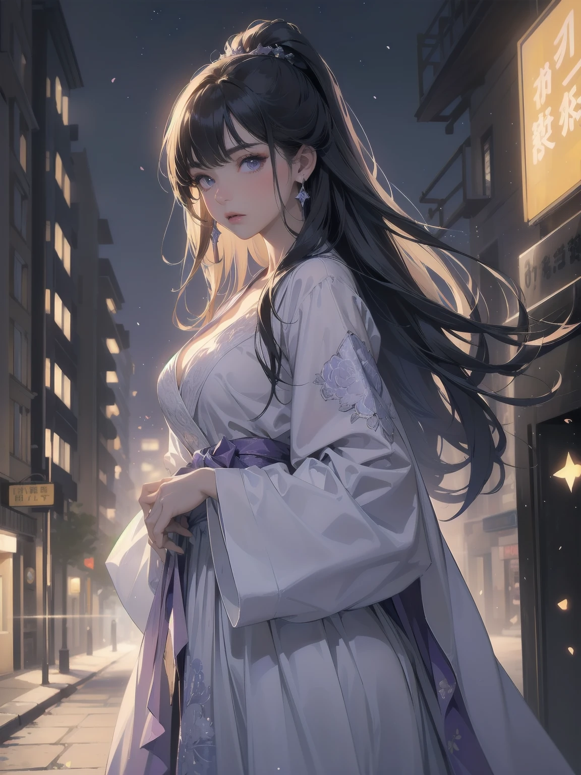 masterpiece, 8k, Highest quality, Very detailed, Purple & A beautiful girl in a blue magical robe with a moon motif、Close-up on the characters、(building, city、A dense fog of fluorescent particles、1800Era、Western style、Fiction、grow、Overwhelming、Detailed street)、A pretty woman with a beautiful background and a lovely pose