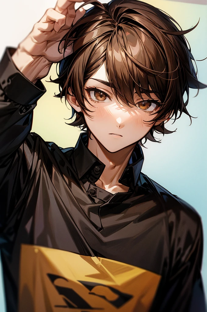 Anime boy brown hair brown eyes black shirt