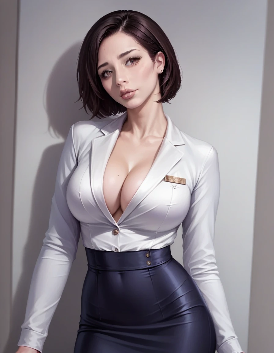 1girl, short hair, pretty face, beautiful detailed eyes, beautiful detailed lips, extremely detailed face, long eyelashes, blazer uniform, summer clothes, white shirt, tight skirt, cleavage, piercings, big breasts, (best quality,4k,8k,highres,masterpiece:1.2),ultra-detailed,(realistic,photorealistic,photo-realistic:1.37),portraits,vivid colors,studio lighting