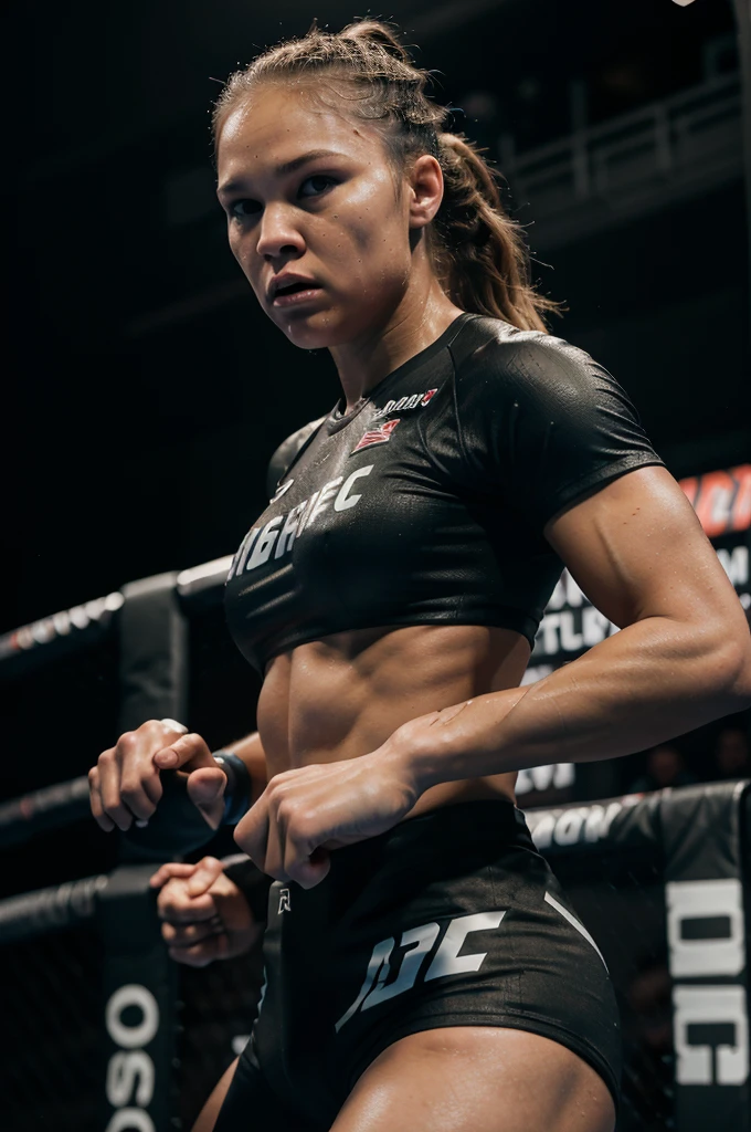 a female UFC fighter, Ronda Rousey, in a fight ring, wearing fighting clothes,detailed face,detailed eyes,detailed lips,detailed muscularity, dynamic fighting pose, powerful expression, octagon fighting ring, spotlight lighting,dramatic shadows,high contrast,cinematic camera angle,action photography style