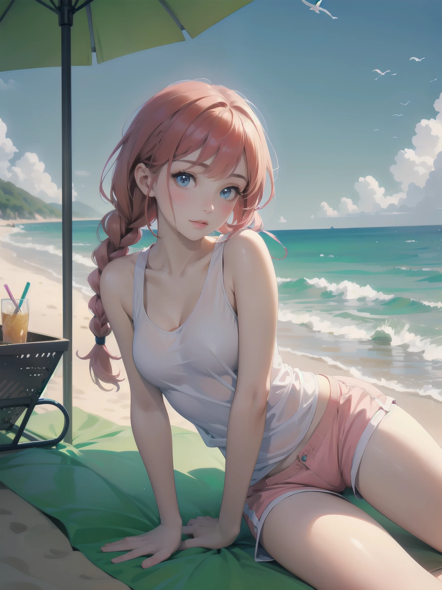 (Masterpiece: 1.2), (Best quality: 1.2), high resolution, detailed. BREAK. ((Cute girl with red hair in twin braids)), (1, pink tank top and shorts, , content expression: 1.3), drinking cold lemonade with straw, lying on beach towel. BREAK. Sunny beach, large umbrella, sandy beach, ocean with gentle waves, people playing in water. BREAK. ((Bright sunlight)), shimmering water, small portable fan nearby. BREAK. ((Positive: 1.3)). BREAK. Cheerful digital illustration, beach vacation mood