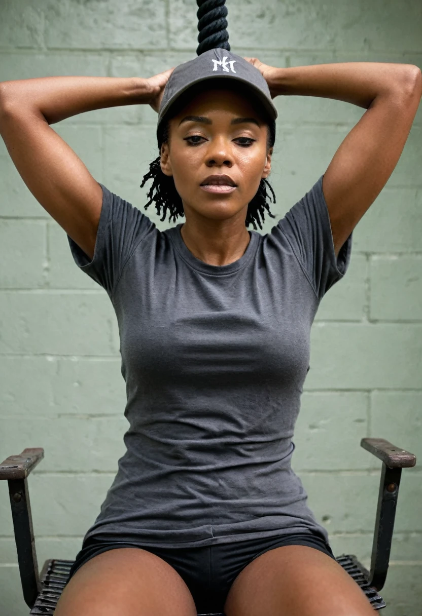 Closeup view of an outdoor skinny but athletic black female prisoner wearing a dark gray (CAP SLEEVE) shirt with poorly and unevenly cut sleeves. Her armpits are sweating badly. She is tied down to the restraint chair in prison, with her arms tied very high to the ceiling. She is in a situation where she is strapped down to a prison chair with her arms raised by a rope. She is also wearing very loose, flappy, dark gray prison shorts. capsleeves are very wide, leaving her armpit skin fold fully visible and exposed. Cap sleeves are designed to cover the shoulder but not extend fully over the arm, often ending just past the shoulder. In this case, the woman's cap-sleeve shirt is short enough that her armpits are visible. This could be due to the design of the shirt, or it could be a result of the pose she's striking. backlit
