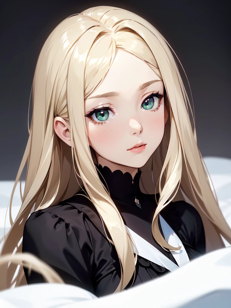 (((Portrait Photo))), She has a Gentle, Refined Appearance of a 15-Year-Old, with a Delicate and Graceful Build that Radiates Elegance. Her Long, Straight Blonde Hair Flows Smoothly Past Her Shoulders, Framing Her Face with a Soft and Luminous Glow. Her Large, Expressive Green Eyes are Filled with a Quiet Intelligence and a Hint of Curiosity, Giving Her a Thoughtful and Introspective Aura. She is Dressed in a Stylish White Winter Coat, Paired with a Sophisticated Black Blouse, Creating a Contrast that Emphasizes Her Composed and Poised Demeanor. Her Expression is Calm and Serene, with a Slight Blush on Her Cheeks, Conveying a Sense of Quiet Confidence and Subtle Charm. (((High Quality, Dark Background))), (((Portrait Photo)))