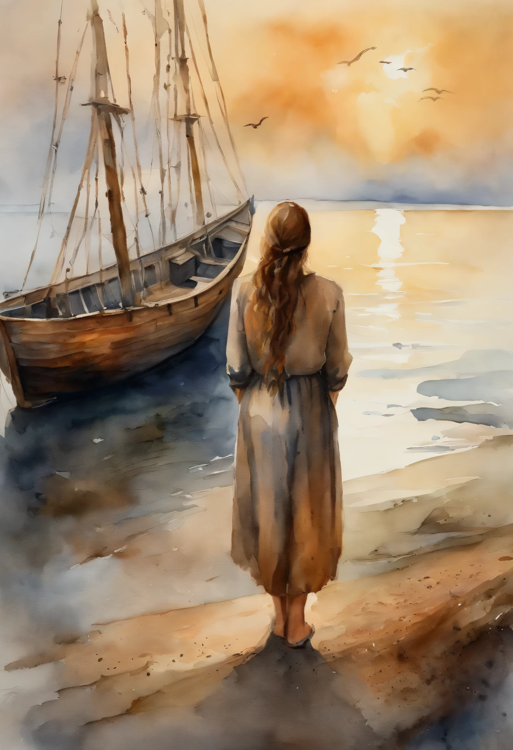 A girl stands next to a wooden ship and looks at the sea, madrugada, Light fog, Taciturn atmosphere