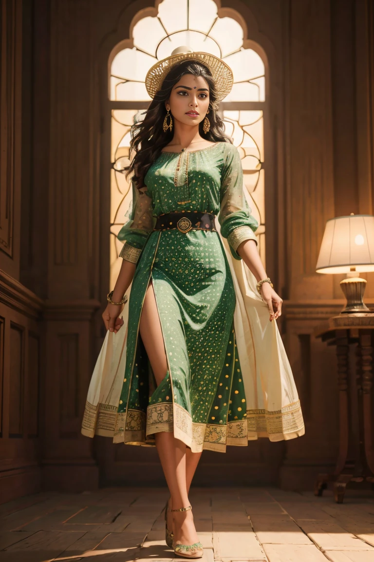 A stunning Indian beauty, with dark brown-black long wavey long hair, with mesmerizing feature masterpiece, top quality, best quality, official art, beautiful and aesthetic:1.2), (1girl), extreme detailed,(fractal art:1.3), colorful, highest detailed, (masterpiece, best quality:1.3) 1 bright-green-eyed woman, professional digital painting, Unreal Engine 5. wearing a Day dress in floral print, polka dots, modest tops, wide sleeves, or cape effect, slender bias cut body of dress that flared at the hem below the knee, matching thin belt with a high waist thick heeled full covered shoes, oxfords, Gloves gathered loosely at the cuff, holding a simple handbag with small angular hat and matching shoes, art deco jewelry earrings and braceletsHopeful expression, finely detailed eyes, happy mood, Wearing a full coverage blouse, epic scene, epic composition, Cinematic Lighting, Volumetric Lighting, ethereal light, intricate details, extremely detailed volumetric rays. [Beautiful girl in an Indian outfit, boho outfit, cheap ripped linen shirt and pants, oil painting, Detailed facial features, Sunlight, bright colors, dramatic lighting, expressive eyes and lips, High Resolution, 4K quality, Photorealistic]
