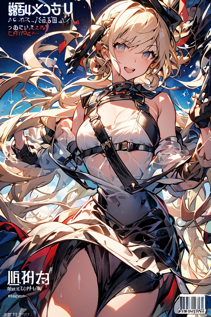 (small breasts:1.2), (perky chest:1.2), (pointed chest:1.2), (Pudding cake magazine cover:1.3),(from below:1.0),(shoot from the side:1.1),masterpiece, 1girl, Amazing Cleavage:1.1, thin waist, optimum,tmasterpiece,hight resolution,best qualtiy,hyper HD,super detailing,awardwinning,a 18yo cute girl,(The upper part of the body),anatomy correct,Beautiful Black miniskirt,garters,Gaze,Small face,bangss,holster,Beautuful Women,hands up,leg holster,Gaze,black boots,Cowboy Shot,cute face,a blond,Longhaire,Twin-tailed,Braids, Hairline,(scarlet eyes),long eyelasher,Hanging eye corners,White skin of the, ((see through camisole:1.1)), ((Sheer nipples:1.0)),Rocket Tits,(Slim body),smile,seductive weak smiling,(with sparkling eyes and a contagious smile),little open mouth, Looking at Viewer,