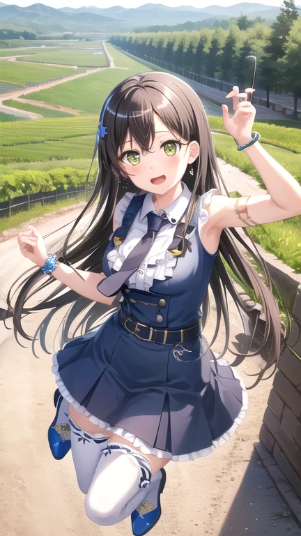 ((masterpiece)), (best quality), official art, extremely detailed CG, unity 8k wallpaper, ultra detailed, highly detailed, detailed background, vivid color,
1girl, tae,black hair,long hair,green eyes, 
skirt, shirt, thighhighs, bow, white shirt, pleated skirt, frills, necktie, sleeveless, collared shirt, belt, miniskirt, star symbol, bracelet, blue skirt, zettai ryouiki, sleeveless shirt, blue bow, blue footwear,  
Leaping with one hand reaching up, vineyard, sprawling countryside, terraced slopes, winery, 
 