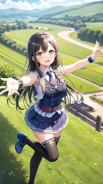 ((masterpiece)), (best quality), official art, extremely detailed CG, unity 8k wallpaper, ultra detailed, highly detailed, detailed background, vivid color,
1girl, tae,black hair,long hair,green eyes, 
skirt, shirt, thighhighs, bow, white shirt, pleated skirt, frills, necktie, sleeveless, collared shirt, belt, miniskirt, star symbol, bracelet, blue skirt, zettai ryouiki, sleeveless shirt, blue bow, blue footwear,  
Leaping with one hand reaching up, vineyard, sprawling countryside, terraced slopes, winery, 
 