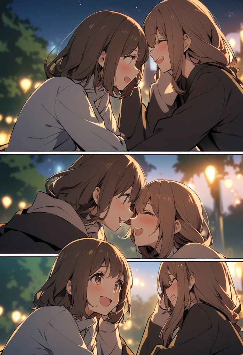 A couple looking at each other and laughing in a park at night、Woman has long brown hair