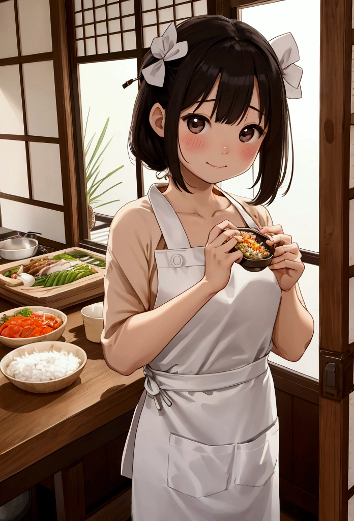 I need food？、Offer white rice、A rice scoop in one hand、One girl、Shy expression、naked、Wearing an apron、Japanese food is on the table、Inside her house