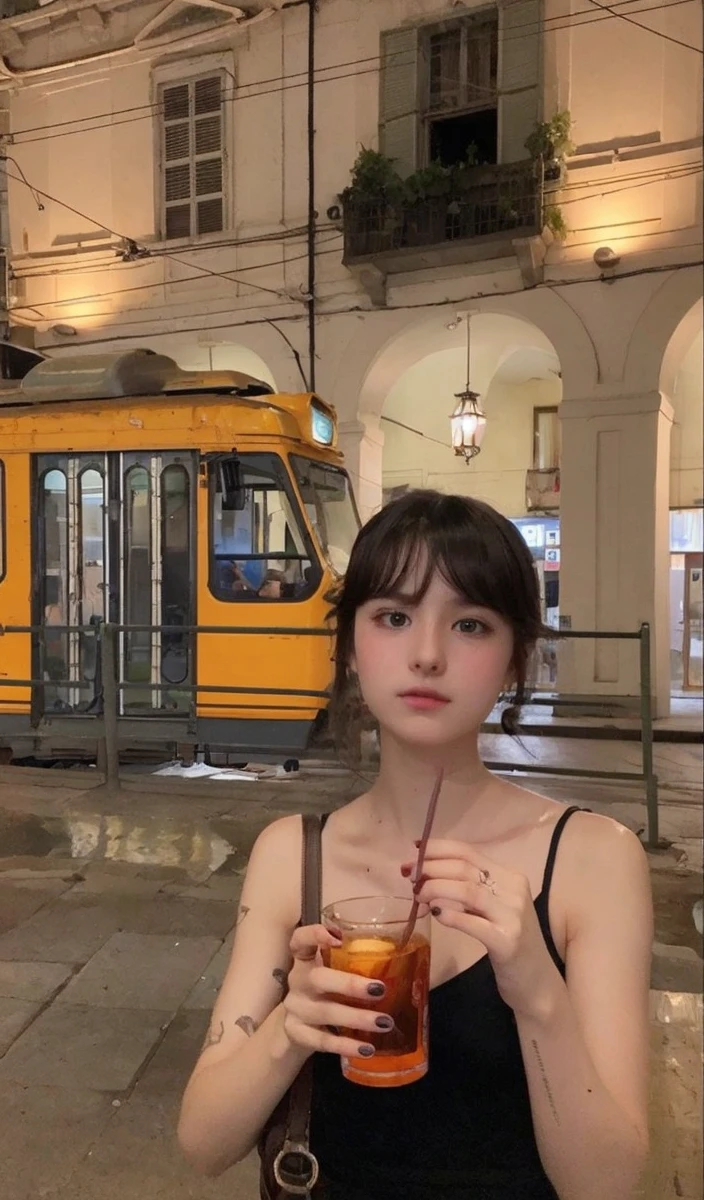 boy pale silky soft black hair bangs above eyebrow light green eyes, with her little pink lips and small, thin potato nose, taking a photo looking at the camera and holding a glass, good quality