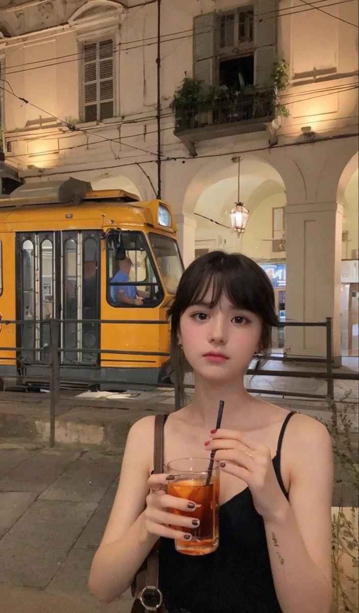 Teen boy pale silky soft black hair bangs above eyebrow light green eyes, with her little pink lips and small, thin potato nose, taking a photo looking at the camera and holding a glass, good quality