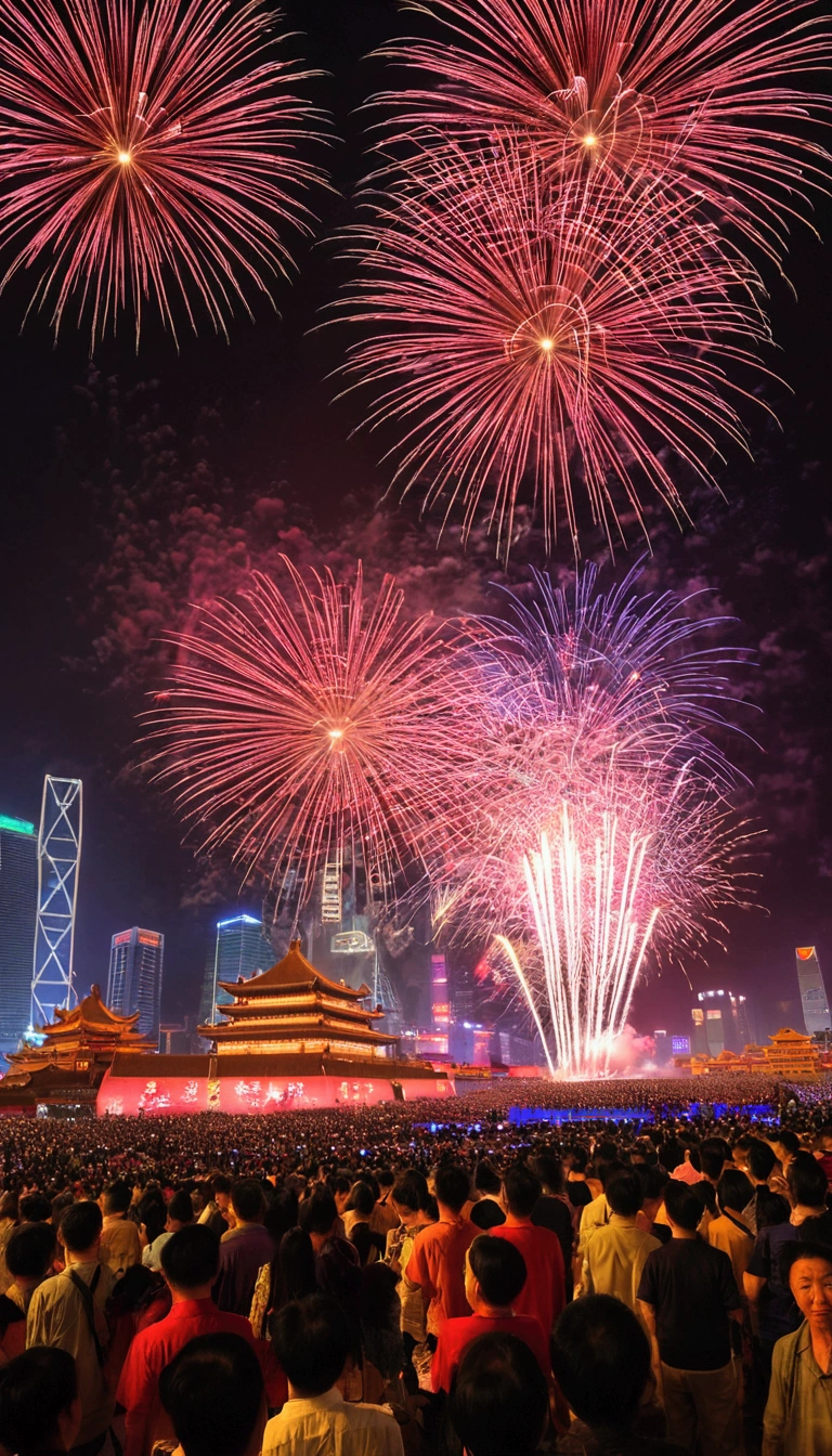 fireworks festival in china;Prosperous city crowds