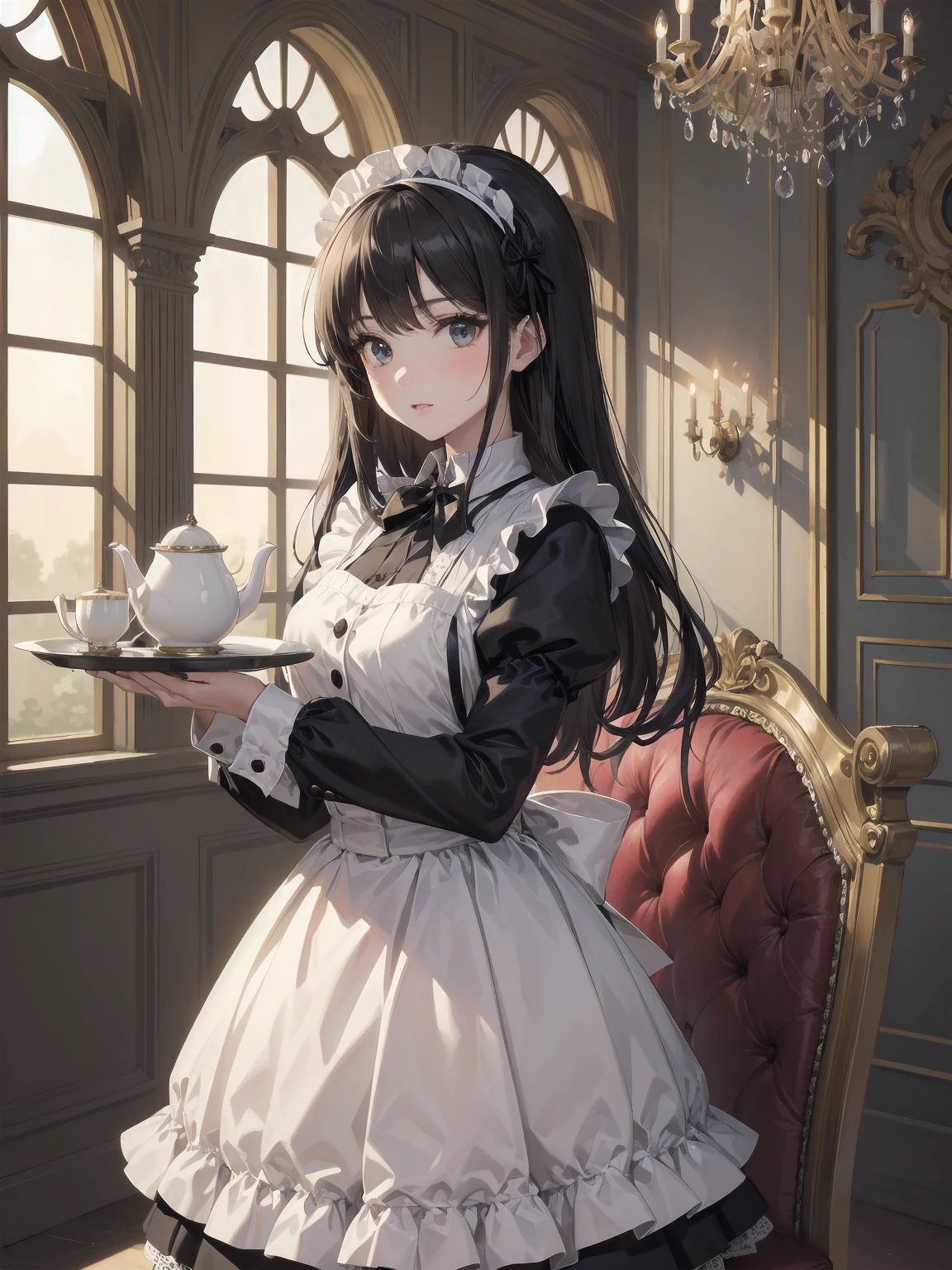 Illustration of a beautiful girl in a cute pose,(Masterpiece: 1.2), (Best quality: 1.2), A cute girl with long black hair, dressed in a classic black and white maid outfit with frilly lace and a matching headband, is standing in a beautifully decorated Victorian-style parlor. She is holding a silver tray with a teapot and teacup, her expression a mix of professionalism and warmth. The background includes ornate furniture, a chandelier, and large windows with heavy drapes, all bathed in soft afternoon light. This illustration emphasizes the elegant and welcoming atmosphere of a high-class tea service