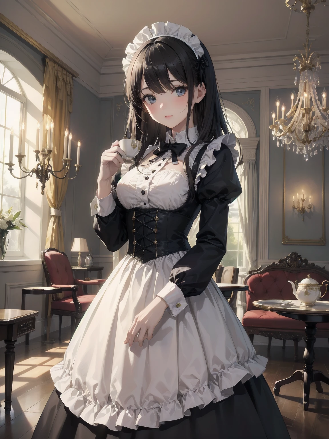 Illustration of a beautiful girl in a cute pose,(Masterpiece: 1.2), (Best quality: 1.2), A cute girl with long black hair, dressed in a classic black and white maid outfit with frilly lace and a matching headband, is standing in a beautifully decorated Victorian-style parlor. She is holding a silver tray with a teapot and teacup, her expression a mix of professionalism and warmth. The background includes ornate furniture, a chandelier, and large windows with heavy drapes, all bathed in soft afternoon light. This illustration emphasizes the elegant and welcoming atmosphere of a high-class tea service