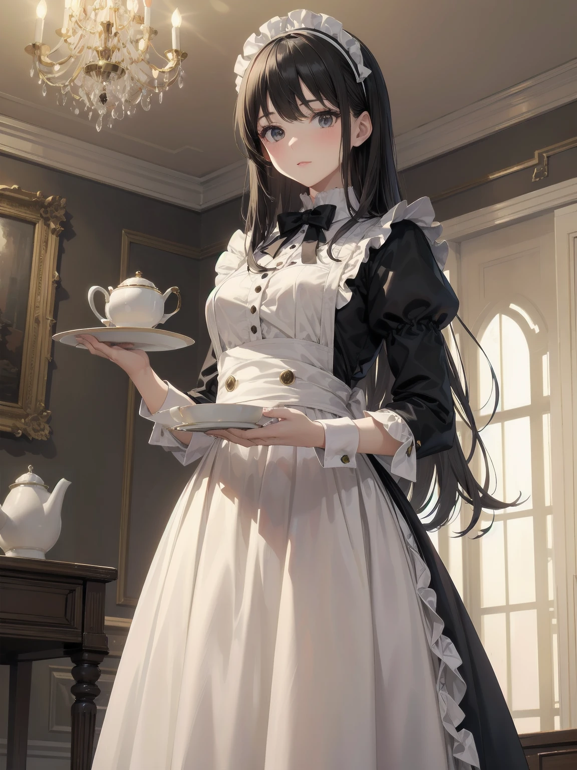 Illustration of a beautiful girl in a cute pose,(Masterpiece: 1.2), (Best quality: 1.2), A cute girl with long black hair, dressed in a classic black and white maid outfit with frilly lace and a matching headband, is standing in a beautifully decorated Victorian-style parlor. She is holding a silver tray with a teapot and teacup, her expression a mix of professionalism and warmth. The background includes ornate furniture, a chandelier, and large windows with heavy drapes, all bathed in soft afternoon light. This illustration emphasizes the elegant and welcoming atmosphere of a high-class tea service