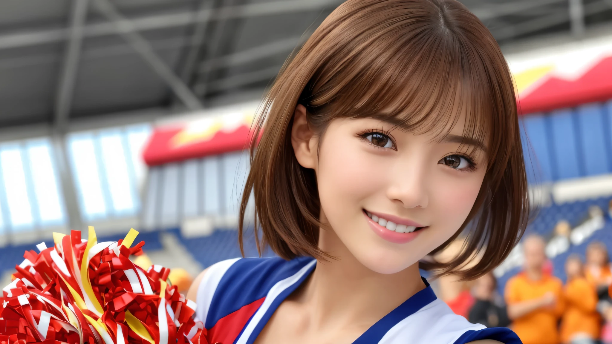 Realistic、Masseter region、Highest quality、High resolution、RAW Photos、Realistic、Bright lighting、Face Light、Smooth Professional Lighting、Japanese women、Beautiful woman、Modeled、gravure、sexy、so beautiful、Realisticで美しい肌、Beautiful and detailed、Detailed face、slim、Large Breasts、Cleavage、short hair、Brunette Hair、Brown eyes、Looking into the camera、Cheerleader、Cheerleader、Cheerleader、smile