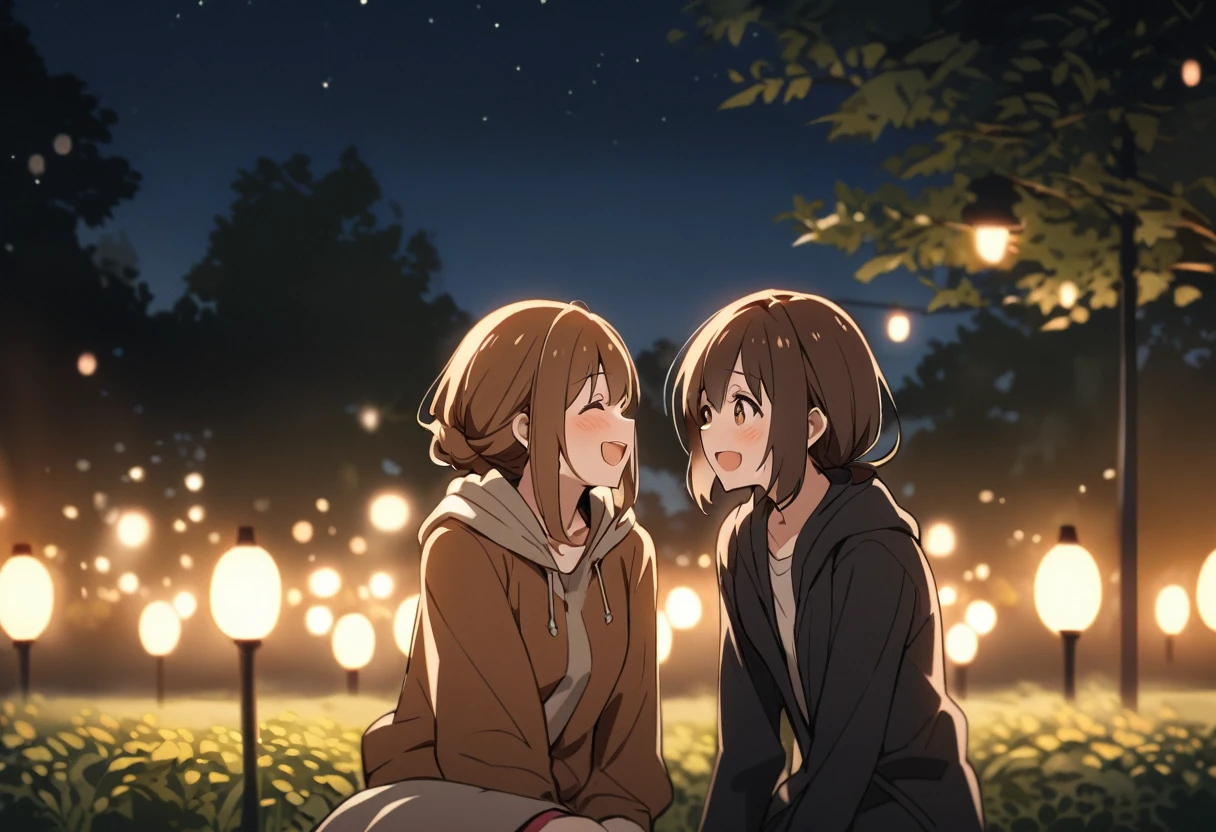 A couple looking at each other and laughing in a park at night、Woman has long brown hair