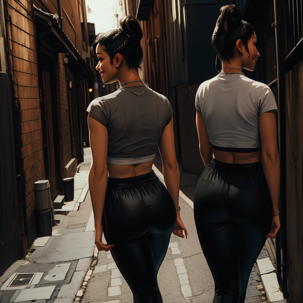 Chitose,black hair,brown eyes,short hair,ponytail,braids,short sleeve,
crop top, showing off her butt,black pants,necklace,street,night,alley, smile, 
(insanely detailed,masterpiece, best quality)((solo,1girl,alone))