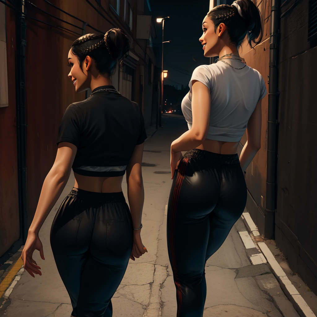 Chitose,black hair,brown eyes,short hair,ponytail,braids,short sleeve,
crop top, showing off her butt,black pants,necklace,street,night,alley, smile, 
(insanely detailed,masterpiece, best quality)((solo,1girl,alone))