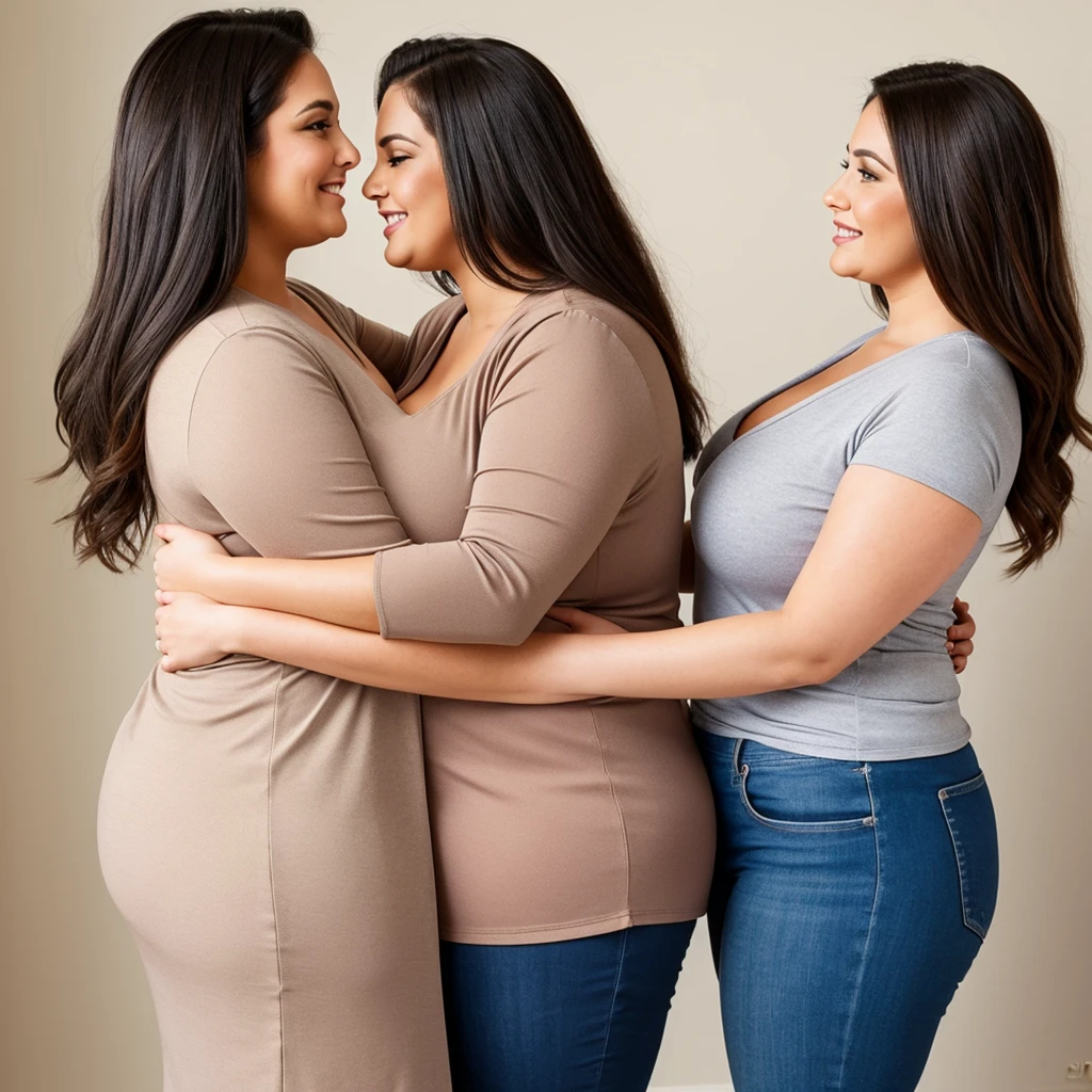 a coupe plus size woman hugs, front view, (2 woman)