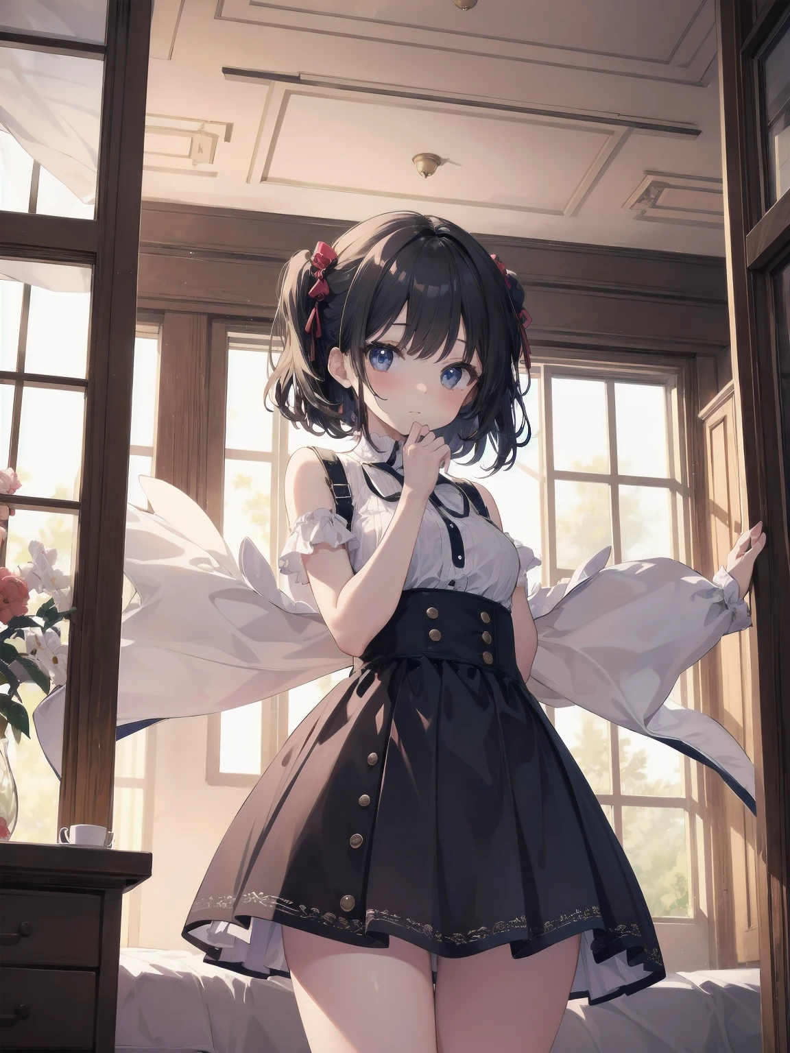 masterpiece, illustration, ultra detailed, kawaii, one girl, solo, sister in super cute pose, bedroom, cowboy shot, SFW, dynamic angle