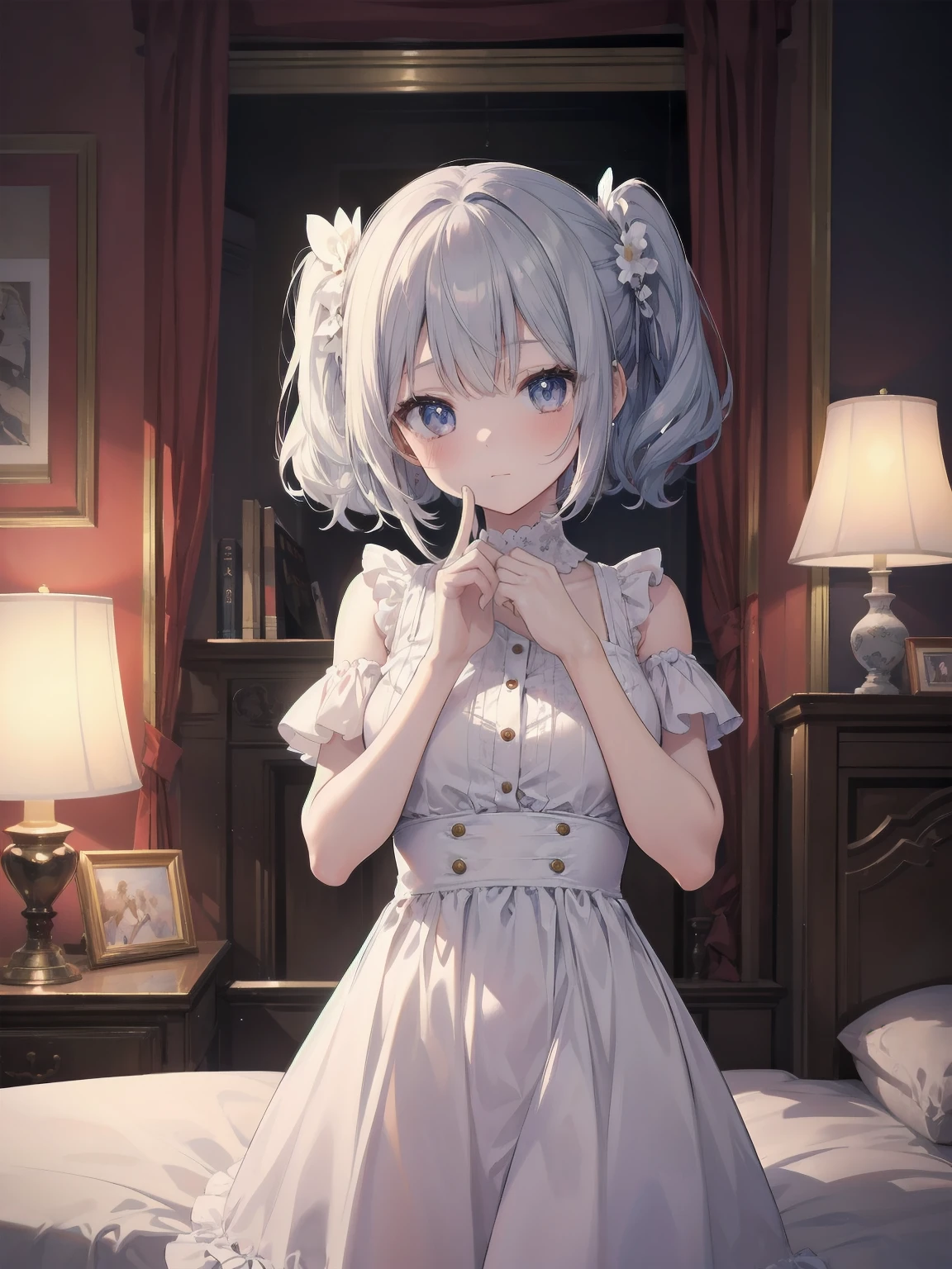 masterpiece, illustration, ultra detailed, kawaii, one girl, solo, sister in super cute pose, bedroom, cowboy shot, SFW, dynamic angle