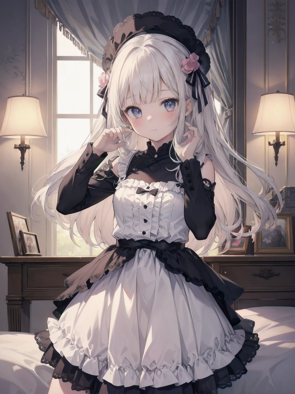 masterpiece, illustration, ultra detailed, kawaii, one girl, solo, sister in super cute pose, bedroom, cowboy shot, SFW, dynamic angle
