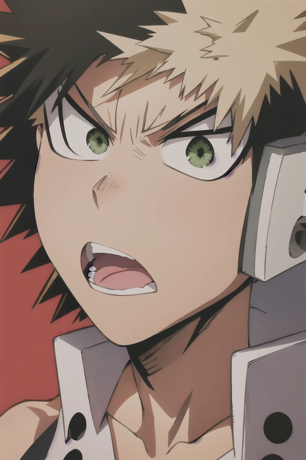 Black hair, spiked hair, bare shoulders, green eyes, bakugou katsuki, suprise face, (face close)