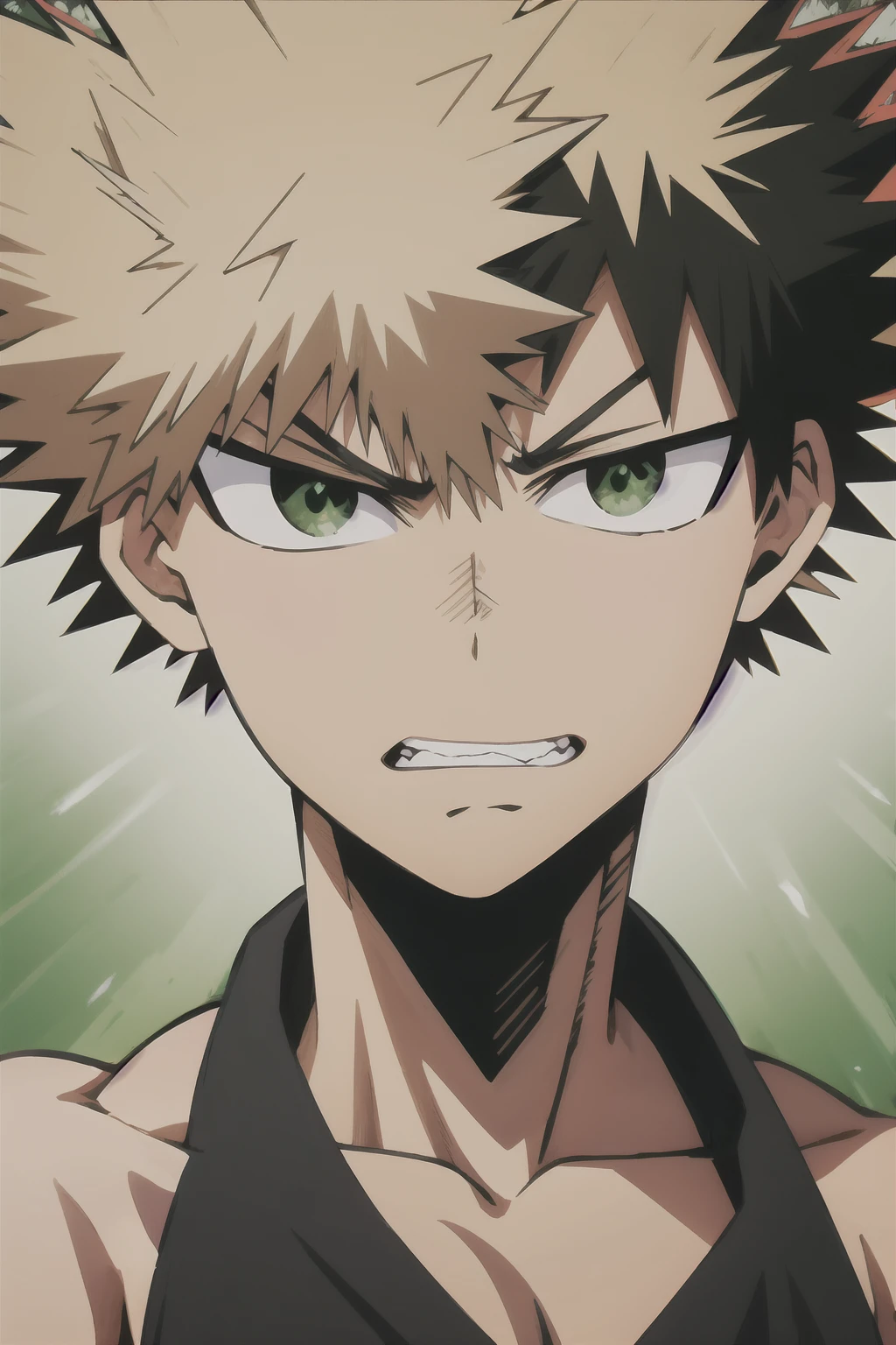 Black hair, spiked hair, bare shoulders, green eyes, bakugou katsuki, suprise face, (face close)