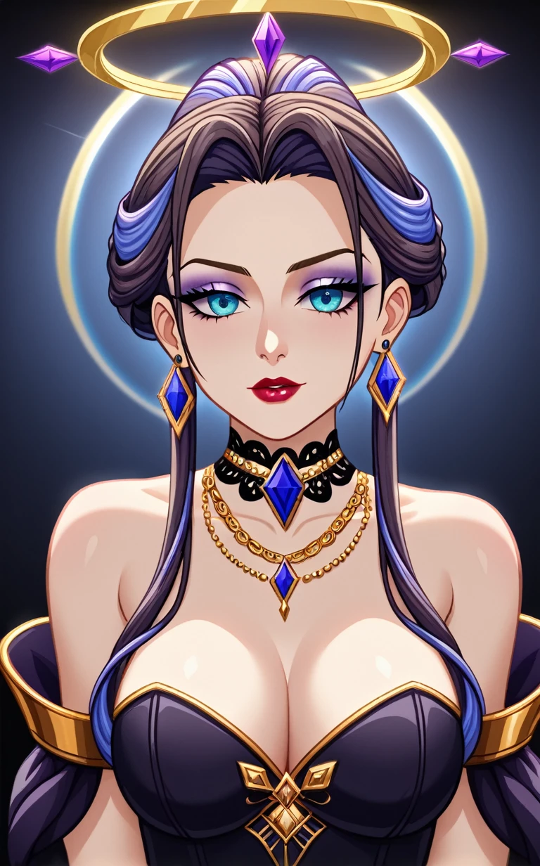 A captivating portrait of a regal woman with a stunning hairstyle, featuring voluminous, textured locks that cascade around her face like a golden halo. She is dressed in an opulent black gown adorned with exquisite gold embroidery and detailing, emphasizing her elegant and dramatic figure. The gown's off-the-shoulder sleeves and fitted bodice add a touch of sophistication. The woman wears an array of ornate gold jewelry, including a choker, earrings, and layered necklaces, which accentuate her royal aura. The background is a rich dark color with luxurious gold patterns, further enhancing the scene's richness and elegance. The lighting accentuates her flawless skin and the intricate details of her attire, creating a powerful and majestic presence.