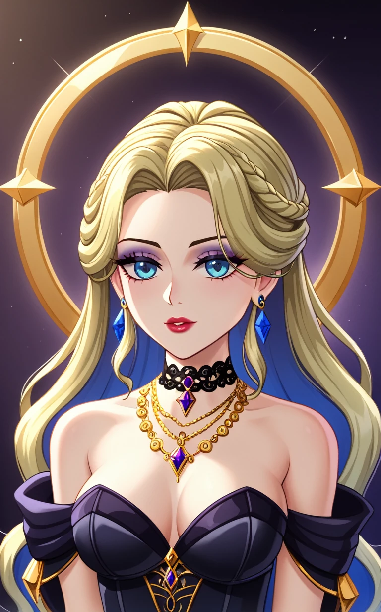 A captivating portrait of a regal woman with a stunning hairstyle, featuring voluminous, textured locks that cascade around her face like a golden halo. She is dressed in an opulent black gown adorned with exquisite gold embroidery and detailing, emphasizing her elegant and dramatic figure. The gown's off-the-shoulder sleeves and fitted bodice add a touch of sophistication. The woman wears an array of ornate gold jewelry, including a choker, earrings, and layered necklaces, which accentuate her royal aura. The background is a rich dark color with luxurious gold patterns, further enhancing the scene's richness and elegance. The lighting accentuates her flawless skin and the intricate details of her attire, creating a powerful and majestic presence.