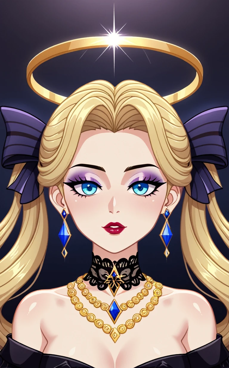 A captivating portrait of a regal woman with a stunning hairstyle, featuring voluminous, textured locks that cascade around her face like a golden halo. She is dressed in an opulent black gown adorned with exquisite gold embroidery and detailing, emphasizing her elegant and dramatic figure. The gown's off-the-shoulder sleeves and fitted bodice add a touch of sophistication. The woman wears an array of ornate gold jewelry, including a choker, earrings, and layered necklaces, which accentuate her royal aura. The background is a rich dark color with luxurious gold patterns, further enhancing the scene's richness and elegance. The lighting accentuates her flawless skin and the intricate details of her attire, creating a powerful and majestic presence.