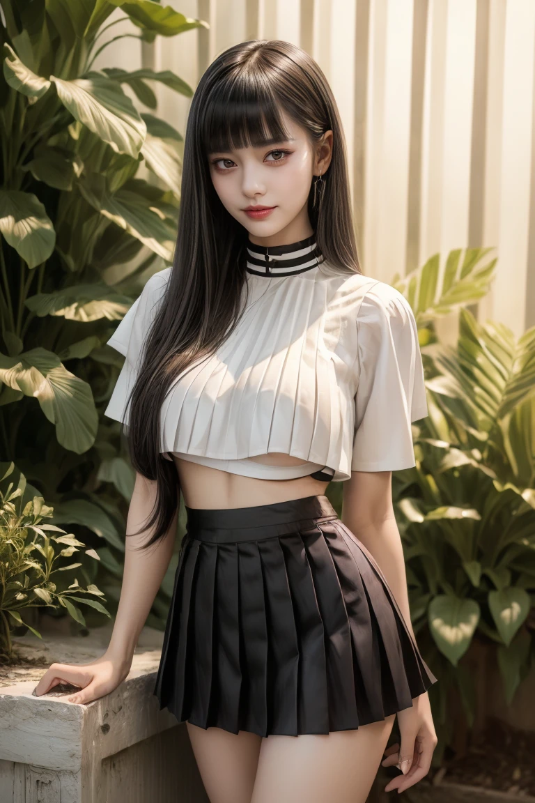 Have a look at this、Look forward、(belly button、Short sleeve t-shirt in tight white:1.5)、(black pleated mini skirt:1.8)、Ultra-high resolution、(((Blunt bangs, Princess Van))), (((Very heavy,Voluminous bangs:1.1))),(((very length, Very heavy,Very voluminous side locks:1.1))),, Princess Cut, Straight bangs hairstyle, Round face with Blunt bangs, length, Glossless hair、The bangs are cut straight,(masterpiece, Highest quality:1.5), (Ultra-fine 8K CG:1.4), (hyperRealistic:1.25), (PhotoRealistic:1.25), (Realistic:1.4), Cowboy Shot,(Smile 1.3), Beautiful Japanese Girl, 12 years old, Supermodel, Japanese Idols, (Grin), (Big Breasts:1.5), Sweat、(garden:1.2)、Accentuate your cleavage、Black Hair:1.2、(Full body image:1.5)、((Real person:1.5))、Perfect balance、(From below:1.5）