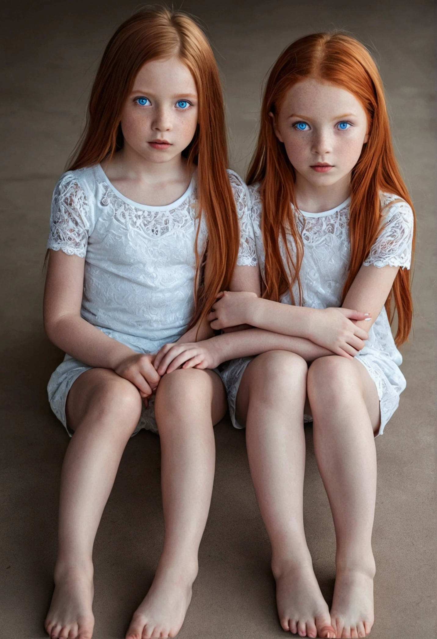 Girl without white clothes with blue eyes next to her redhead sister with her legs open