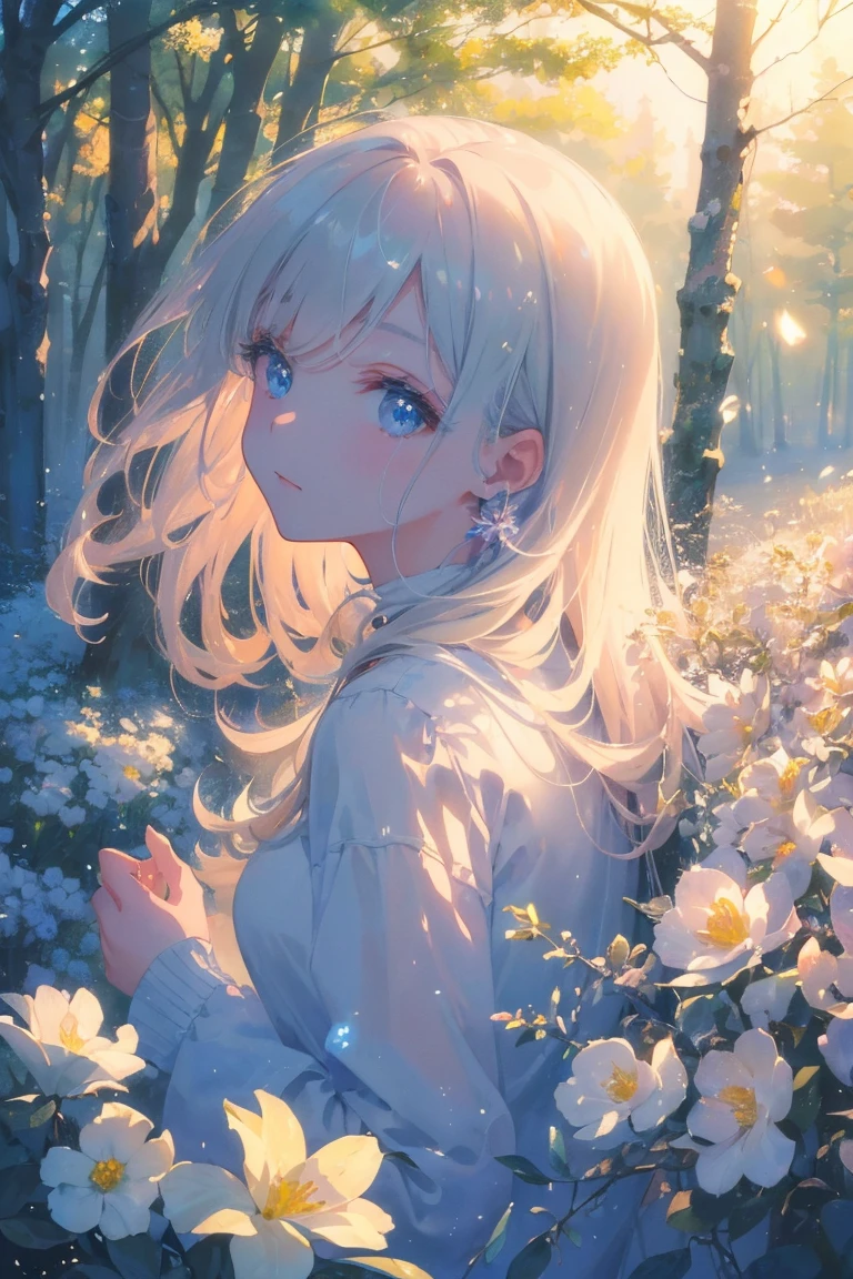 (masterpiece、8K、top-quality)、(Soft light:1.5), Full body, Detailed face, Detailed eyes, beautiful digital works of art, landscape, Back Light, Many flowers, forest, Sparkling eyes, Winters, Warm, Warm light, Iridescent gradient colors, watercolor paiting